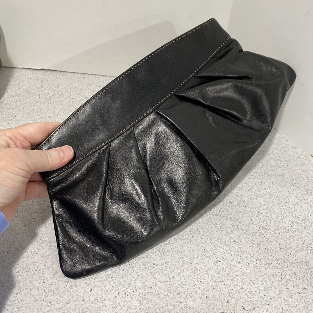 Vintage Y2K Fossil Black Leather Clutch Purse Metal Frame Satin Lining Topstitch - Picture 10 of 10